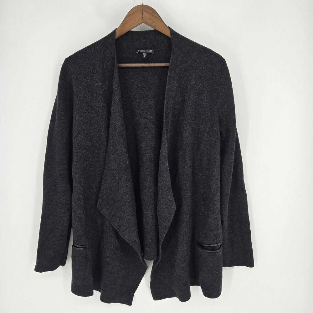 Eileen Fisher Grey Open Front Merino Wool Cardigan Med